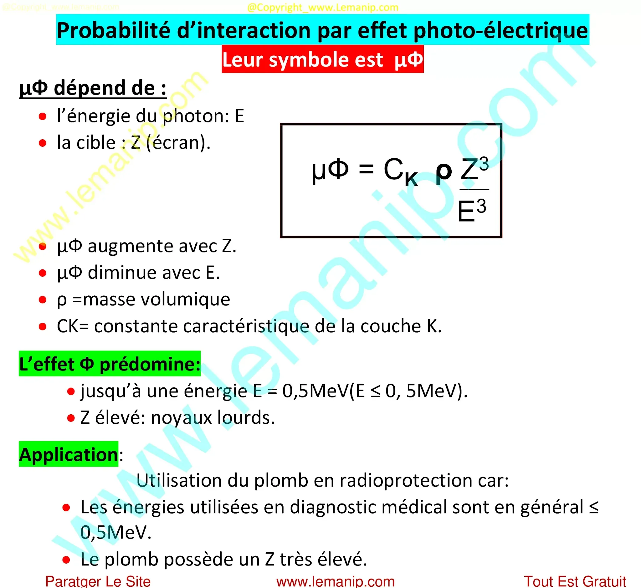 Probabilité d’interaction par effet photo-électrique