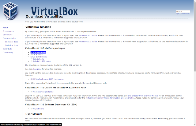 Página de descargas de Virtualbox