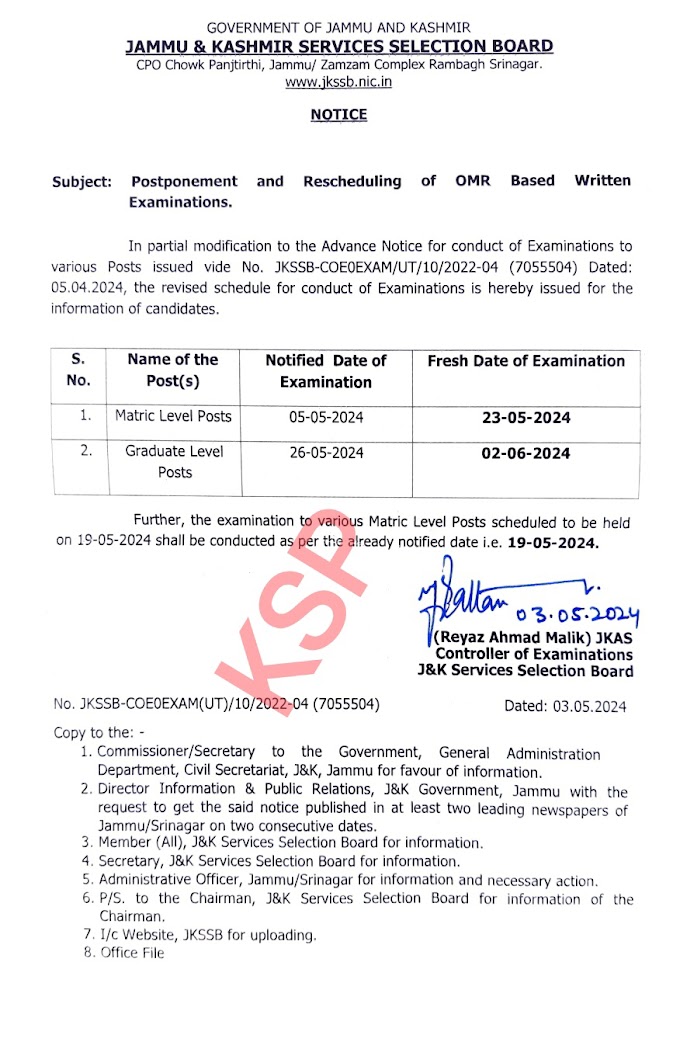 JKSSB Issues New Date's For Various Exams