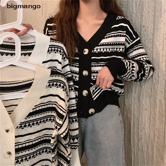 [ bigmango.vn ] Bmvn Loose Wild Long-sleeved Knit Sweater Cardigan Trend Retro Striped Hollow Jacket Jelly