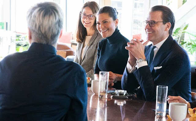 Swedish Crown Princess Victoria wore a turtleneck merino elbow-sleeve black top, sweater from Filippa K. Black trousers by Filippa K