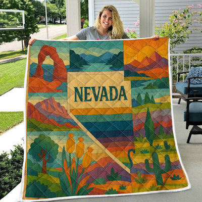 Nevada-inspired quilt design featuring vibrant desert landscapes and geometric patterns, ideal for home living accessories like bedding sets and pillows.