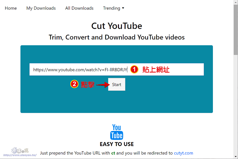 Cut YouTube 無廣告 YT 下載服務，線上剪切片段可儲存 MP3 音訊和 MP4 影片