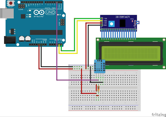 Skematik Sensor DHT11 dan Tampilan LCD I2C