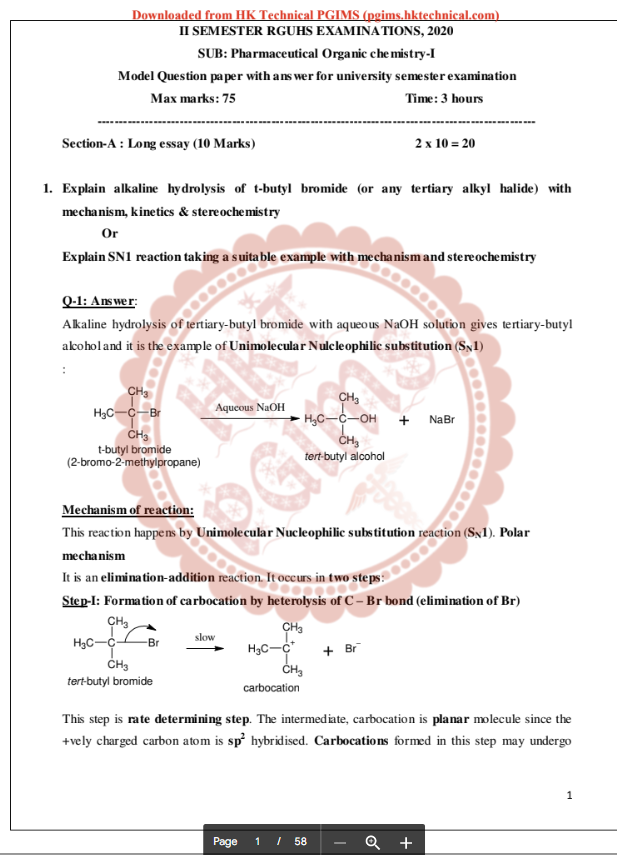 Model quesion papers with answers of POCI for RGUHS university exam 2nd Semester B.Pharmacy Practice Material/Mock Test,BP202T Pharmaceutical Organic Chemistry I,