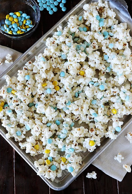 Baking Sheet of Baby Shower White Chocolate Popcorn Image