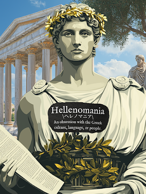 A greek statue with the WearYourDictionary design for Hellenomania on it.