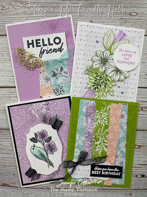 Four cards using the Stampin' UP! 2022 Sale a Bration Friendly Hello bundle (stamp set and designer paper/dsp).  Blog has link to video.  Jennifer Cotton