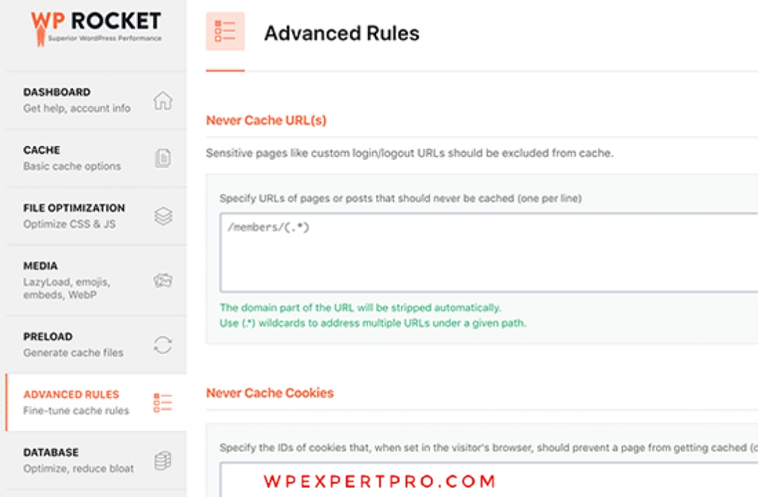 Advance cache setting in WP Rocket