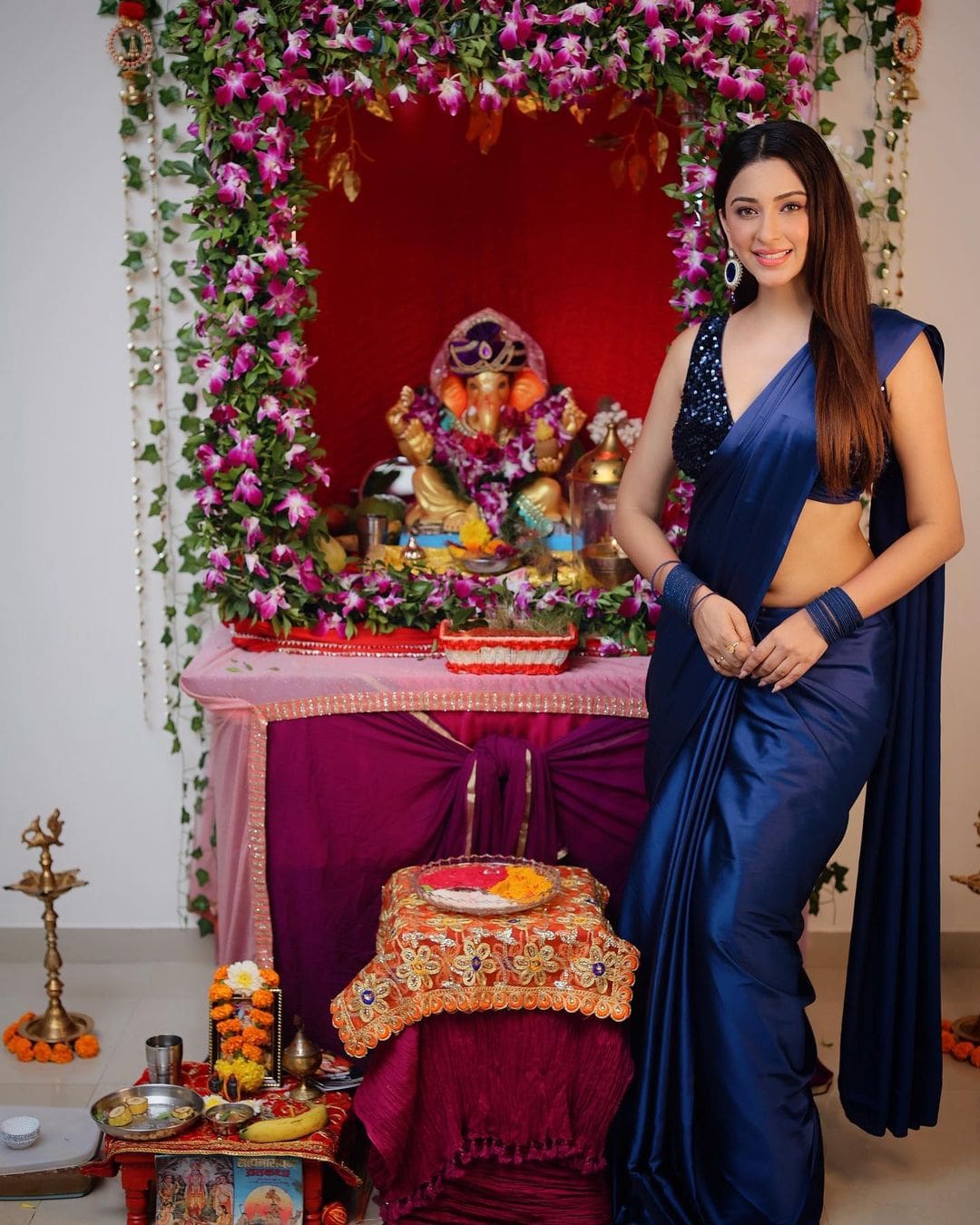 Eshanya Maheshwari's Satin Blue Saree with Sequin Blouse for Ganesh Chaturthi