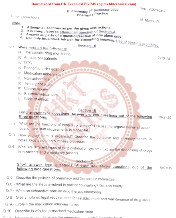 Pharmacy practice (Supple) Sept. 7th Semester B.Pharmacy Previous Year's Question Paper,BP703T Pharmacy Practice,BPharmacy,BPharm 7th Semester,Previous Year's Question Papers,