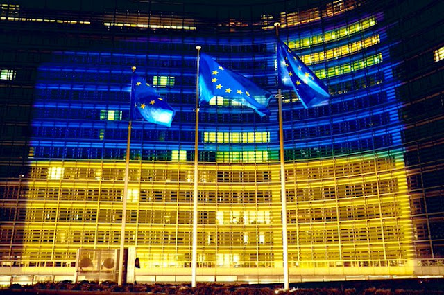 Ukraine European Commission headquarters with lighting to look like Ukraine flag 24th Feb 2022