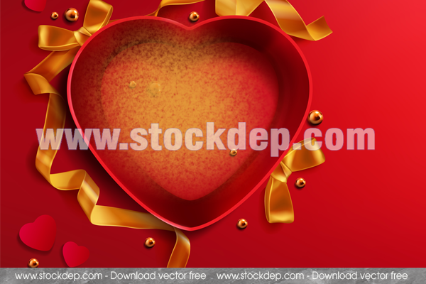 Red bows with curly ribbons and heart pattern set vector free
