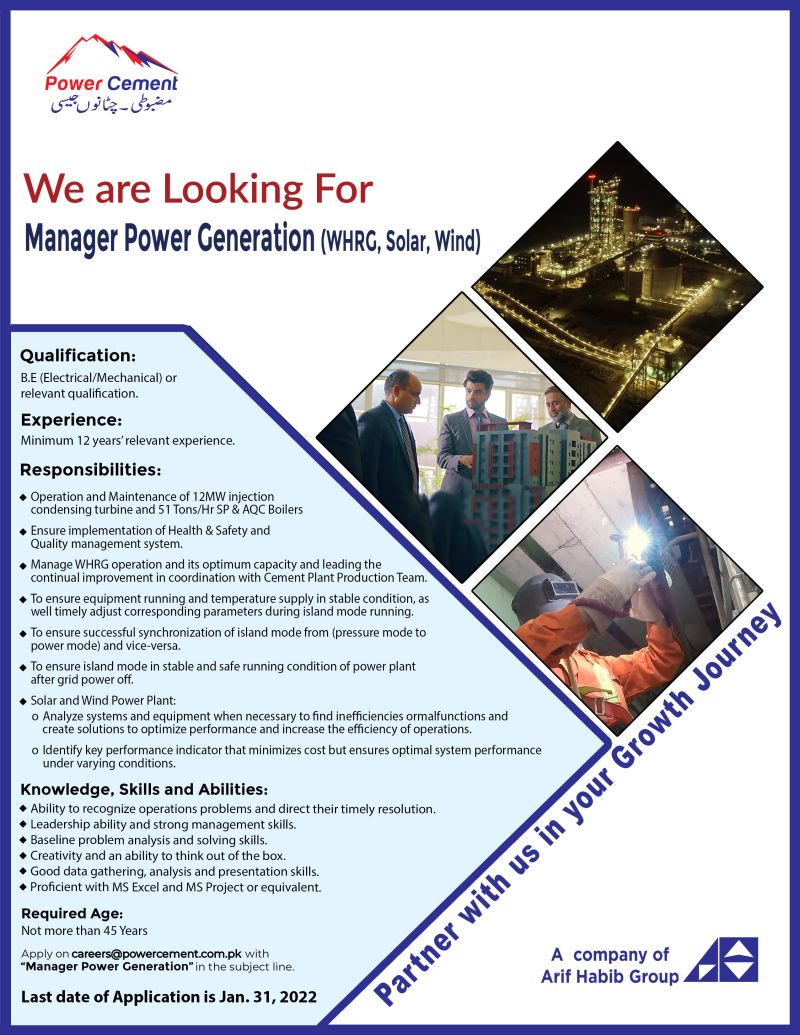 Power Cement Limited Jobs Manager Power Generation