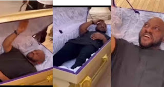 “I’m shooting a romance film” – Yul Edochie defends self as he was caught lying inside coffin shortly after FG banned money ritual movies (Video)