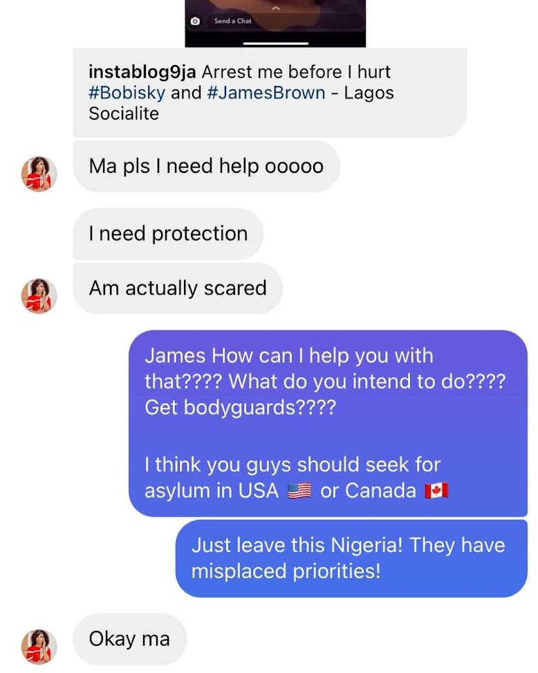 Jaruma calls out James brown on social media as she leaks chat she had with him (Screenshots)