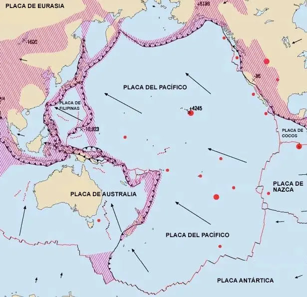 Movimiento de las placas tectónicas en el Cinturón de Fuego del Pacífico