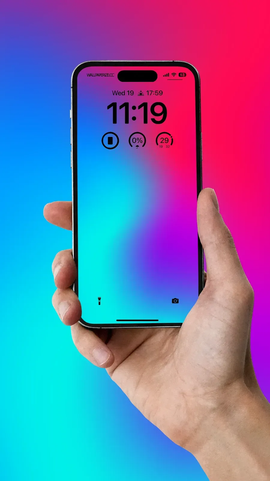 Hand holding a iphone 15pro max with a radiant neon gradient.

