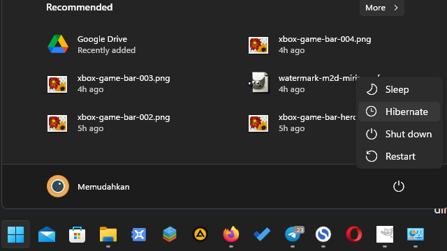 Pilihan hibernate di Windows 11