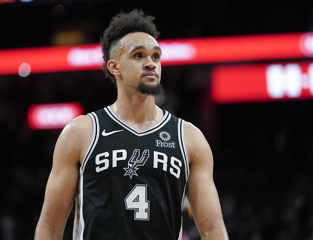 Derrick White looking straight forward and ahead while in the middle of a game while he was on the San Antonio Spurs