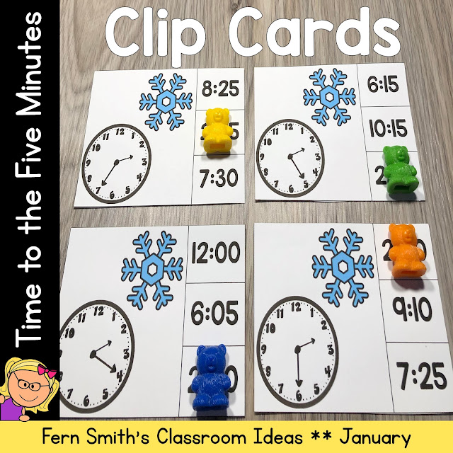 Time to the Five Minutes Clip Cards Winter Snow Themed Math Centers