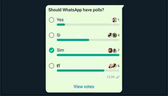 استطلاع على WhatsApp يسأل الناس عما إذا كان يجب أن يقوم WhatsApp بإجراء استطلاعات للرأي ، بأربع إجابات إيجابية بلغات مختلفة