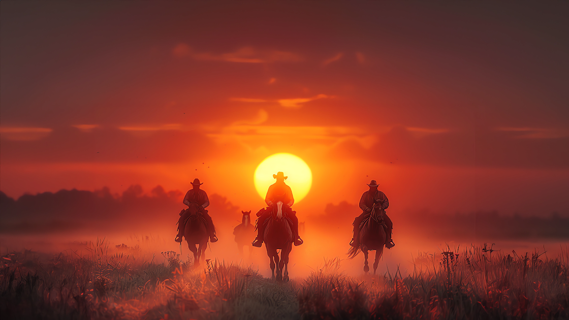 Silhouettes of cowboys on horseback against a fiery sunset backdrop, capturing the essence of the Wild West for a stunning wallpaper.


