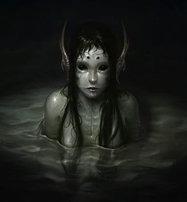 Dark alien looking mermaid coming up from the water