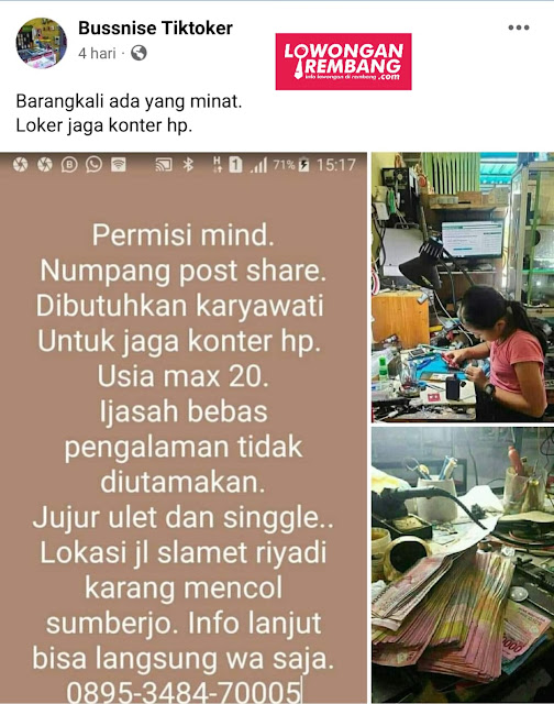 Lowongan Kerja Karyawati Konter HP Karang Mencol Sumberjo Rembang Tanpa Syarat Pendidikan