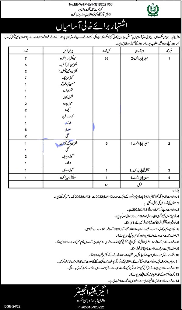 Water and Power Division Skardu Jobs 2022 Announcement