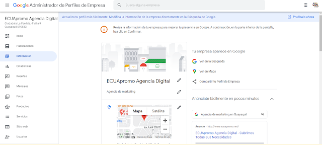 Google My Bussines: Deberas crear tu ficha añadida a Google Maps, personalizarla con las fotos de tu logo, instalaciones, productos y servicios, tambien añadir horario, descripción de la empresa y opciones de contacto como mail, teléfono, sitio web, etc. Dentro de las fotos deberás colocar algunas de 360 grados si no sabes como hacerlo aquí te dejo un tutorial.  Tambien subir algunos vídeos. La ficha debe estar completa al 100%. Cada foto que subas debe estar geolocalizada para lo cual puedes usar elel sitio web The Xifer y colocar la metadata que indique en qué ubicación fue tomada la foto.