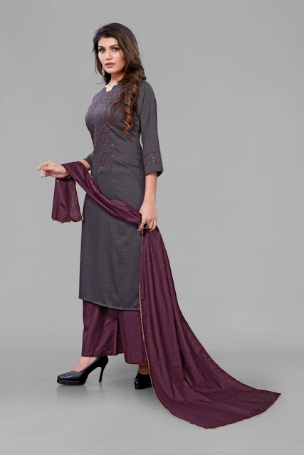 Voilet Embroidered Kurta With Palazzo and Dupatta