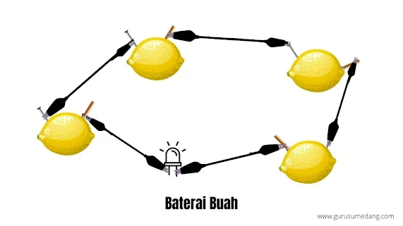 untuk bisa menyelakan lampu led, kita harus bisa menghasilkan lebih banyak listrik dengan menambah jumlah buah dan susun secara seri. lampu LED (light emitting diodes) membutuhkan listrik dalam kadar voltase tertentu untuk bisa menyalakan.  hubungkan kawat tembaga di buah leom pertama ke paku besi di lemon kedua dan seterusnya