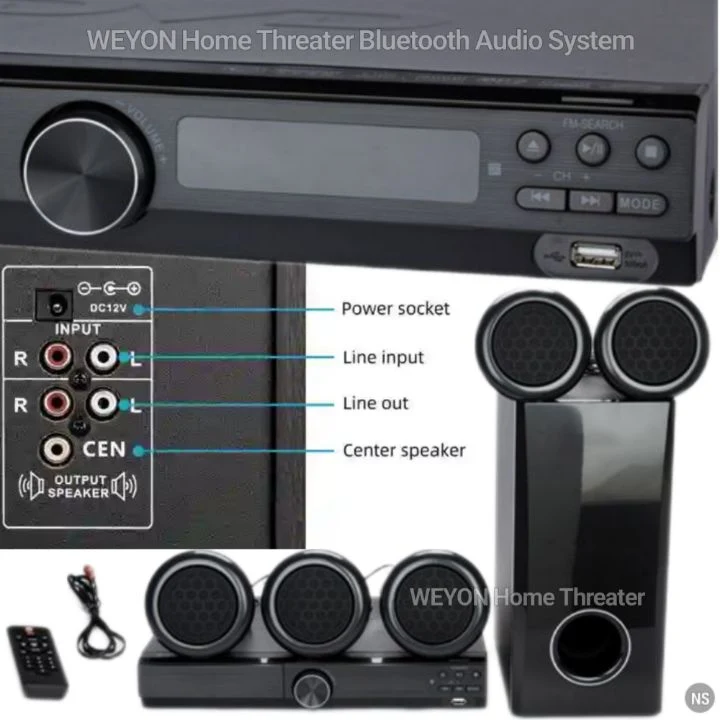WEYON 358 Home Threater Sound System: 5.1 Channel Speakers with Bass Woofer, FM Radio, DVD, Audio Bluetooth, USB Connections, TV Aux..