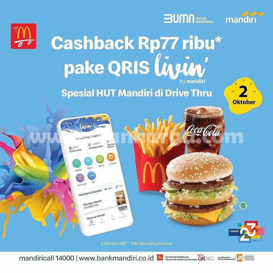 Promo McDonalds Cashback Rp 77ribu* Pake QRIS Livin Spesial HUT Mandiri