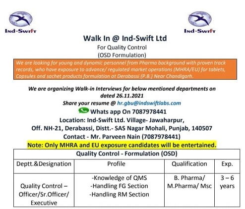 Ind-Swift Labs | Walk-in interview for QC at Mohali on 26th Nov 2021