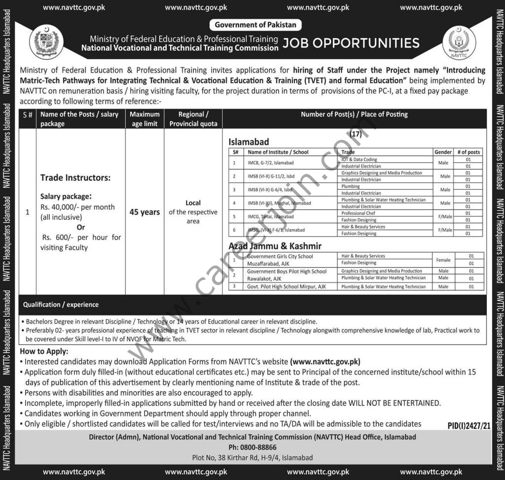 Ministry Of Federal Education & Professional Training Jobs Trade Instructors