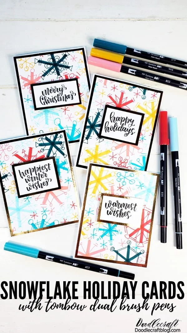 How to make retro snowflake holiday cards with calligraphy sentiments using Tombow Dual Brush pens and Fudenosuke brush pens.