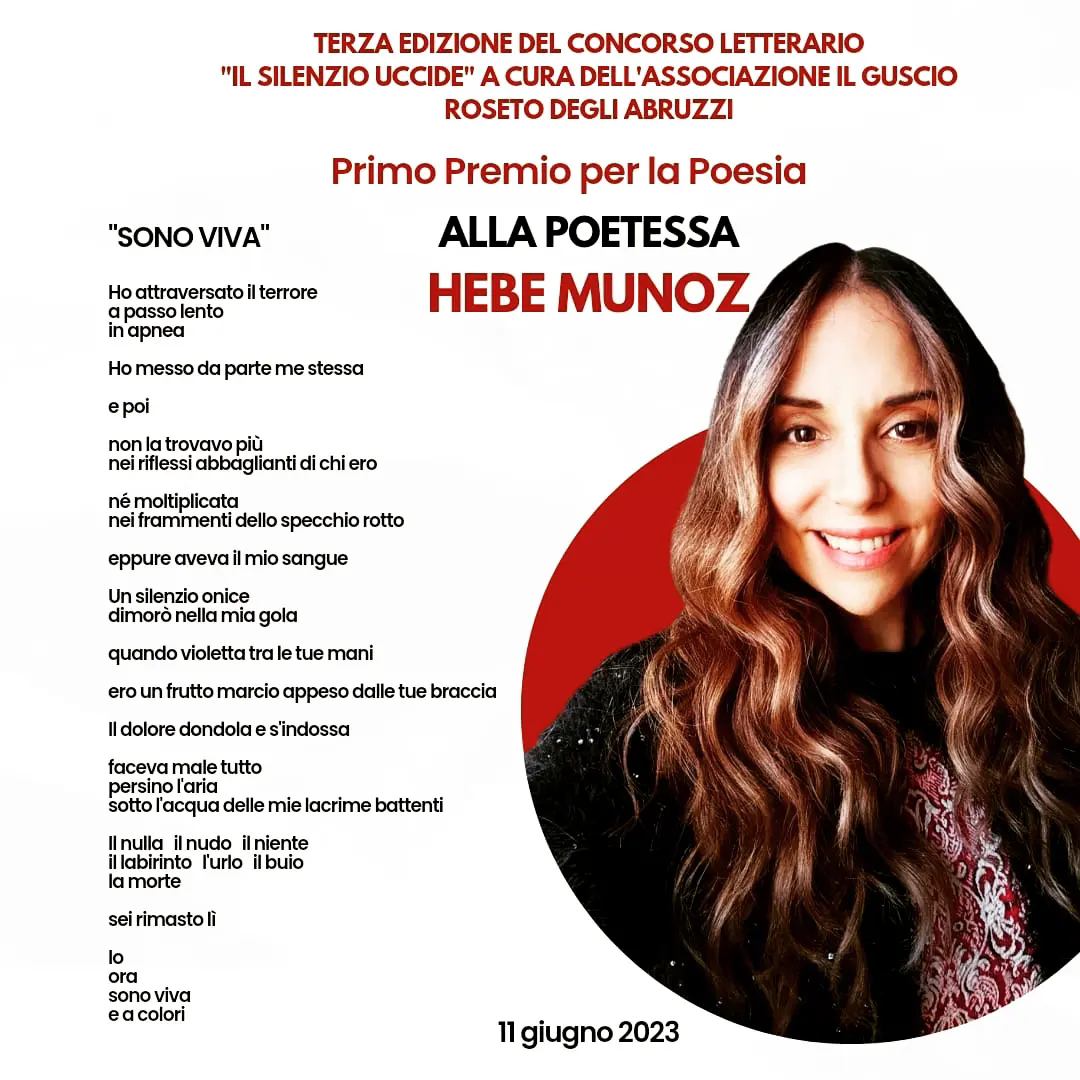 La Poetessa italovenezuelana Hebe Munoz Vincitrice del Primo Premio di Poesia del Concorso Letterario “Il silenzio uccide” Associazione Il Guscio Roseto degli Abruzzi