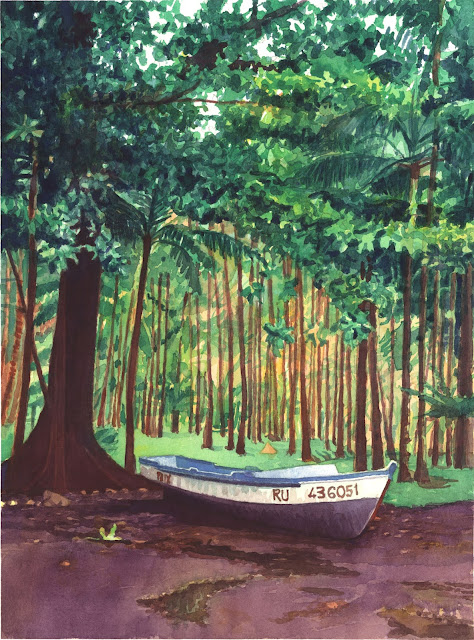 Watercolour of a small traditional fishing boat on volcanic sand under a banyan, "Le Havre de Paix," by William Walkington