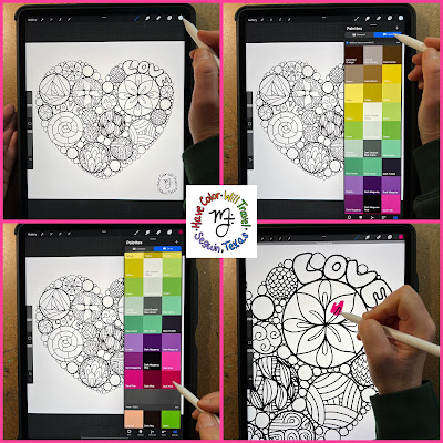 An artist shows how to select a color to use on a coloring page in Procreate.