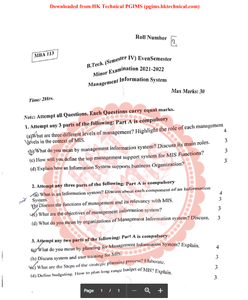 Management Information System:  Previous Year Minor Examination Question Paper  4th Semester B.Tech Previous Year's Question Paper,Management Information System,B.Tech,B.Tech 4th Semester,Previous Year Question Paper,Management Information System,MIS,Information System,Business Organization,Strategic Planning,Budgeting,User Training,System Components,