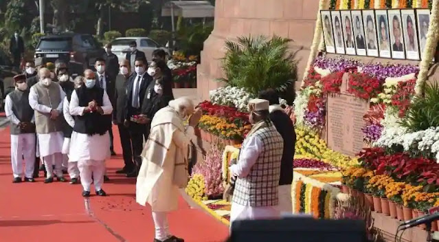 Prime Minister Narendra Modi and all other Ministers and MPs pays tribute to the victims of 2001 Parliament attack