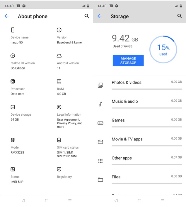 realme narzo 50i - About Phone and Storage