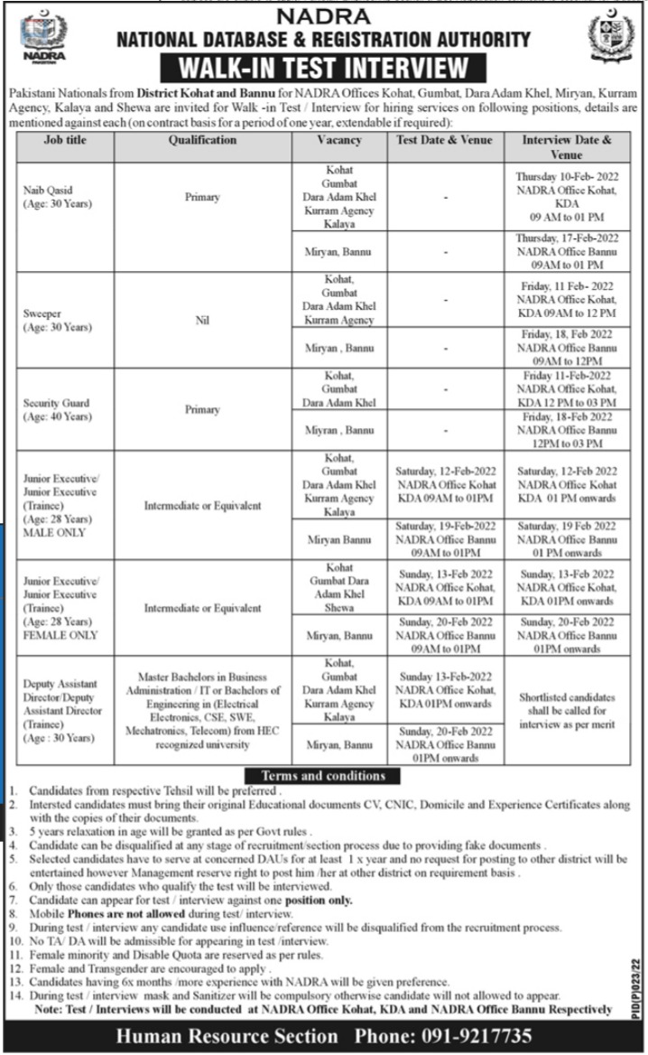 NADRA District Kohat & Bannu Jobs Interviews 2022