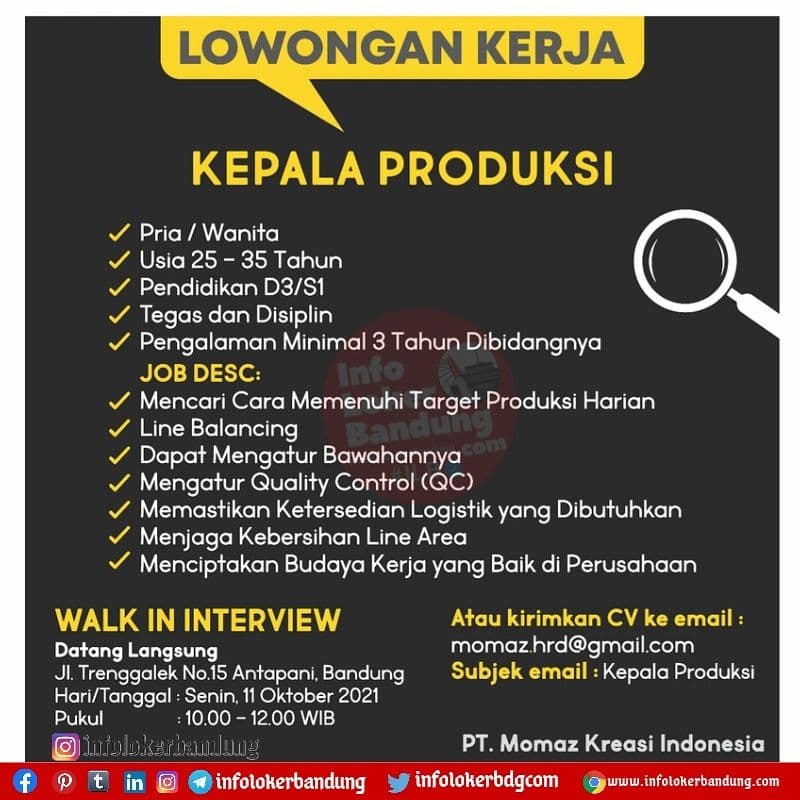 Lowongan Kerja Kepala Produksi PT. Momaz Kreasi Indonesia Bandung Oktober 2021