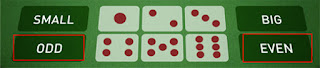 Menebak Genap Ganjil atau Odd Even, akan mendapatkan chip kemenangan satu kali lipat dari total taruhan. Angka dadu genap adalah 2,4,6 dan angka dadu ganjil adalah 1,3, dan 5. Kotak taruhannya ada pada gambar di bawah ini dengan tanda merah :