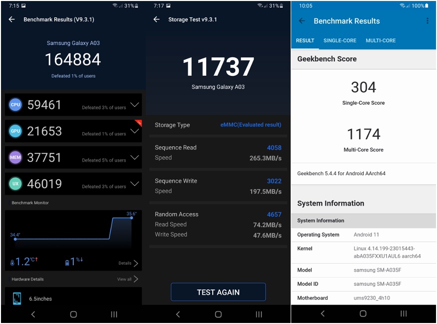 Samsung Galaxy A03 AnTuTu and Geekbench Benchmark Results