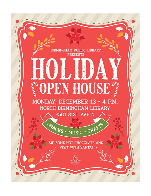 North Birmingham Library flyer for their Holiday Open House on Monday Dec 13 starting at 4 P.M.