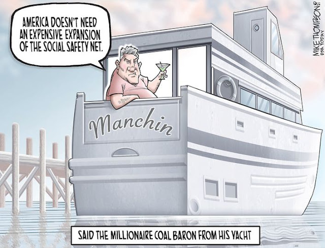 Joe Manchin sits in the stern of his boat holding a highball saying, 